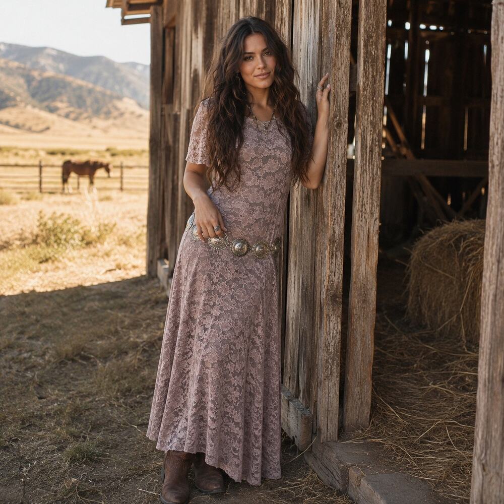 Vintage Dusty Mauve Floral Lace Maxi Dress Y2K Boho Fairycore